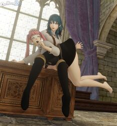 2girls 3d alternate_costume ass bangs bare_legs bare_thighs barefoot belt bent_over bent_over_lap black_panties blue_eyes blue_nails boots bottomless breasts byleth_(fire_emblem) byleth_(fire_emblem)_(female) curtains dochaunt24 female female_only femdom femsub fire_emblem fire_emblem:_three_houses from_below garreg_mach_monastery_uniform hair_between_eyes hand_on_head handprint hilda_valentine_goneril indoors large_ass large_breasts legs long_hair long_sleeves looking_at_another looking_back medium_breasts multiple_girls nail_polish nintendo no_panties on_table open_mouth pantyshot pantyshot_(sitting) pink_eyes pink_hair pink_nails punishment punishment_spanking schoolgirl shirt skirt smile spank_marks spanked spanking student table teacher teacher_and_student teal_hair teal_nails thick_thighs thighs tongue tongue_out underwear upskirt very_long_hair window yuri