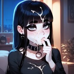 ai_generated bella_(xandr) black_hair cum_on_face fingers_in_mouth goth goth_girl looking_at_viewer tagme xandr