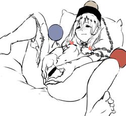 blush censored chains choker earth_(ornament) feet female heart heart_hands hecatia_lapislazuli kagari6496 knees_up lying monochrome moon_(ornament) navel nude off-shoulder_shirt on_back on_bed panties panties_around_one_leg pillow polos_crown presenting pussy shirt sketch solo spot_color spread_legs toes touhou underwear