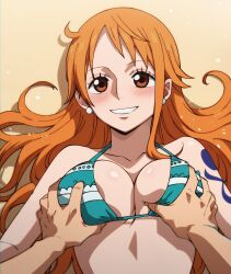 1boy1girl ai_generated bikini bikini_top blush breasts female grabbing_breasts male misaka monkey_d_luffy nami one_piece orange_hair post-timeskip pov_male