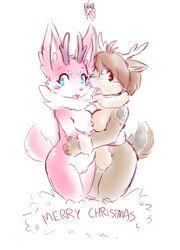 <3_eyes 2015 anthro antlers areola ass big_breasts black_nose blue_eyes blush bow breast_squish breasts brown_eyes brown_fur brown_hair brown_markings cervine chance_(eifie) christmas cleavage clothed clothing deer duo ears_down embarrassed english_text female freckles fur hair heart holidays horn hug jackalope lagomorph long_ears looking_at_viewer looking_away making_out mammal mistletoe neck_tuft nipples nude open_mouth pink_fur pink_markings pink_nose plant pussy rabbit raised_tail saliva saliva_string spots standing surprised text tongue tuft unknown_artist white_markings yuri