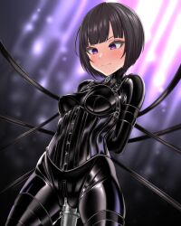 black_bodysuit black_hair blush bodysuit bondage bound bound_arms commentary_request commission corset crotch_zipper female gimp_suit idolmaster idolmaster_cinderella_girls latex latex_bodysuit neck_corset object_insertion purple_eyes shiny_clothes shirayuki_chiyo short_hair skeb_commission solo vaginal_object_insertion vaginal_penetration yukimaru_(yukimaru_0721) zipper