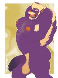 anthro archer_the_skunk armpit_hair ass balls big_penis body_hair body_odor genitals heavy_musk hi_res humanoid_genitalia hunnipanda male male_only mammal manly mephitid muscular muscular_male musk nintendo nipple_piercing nipples nude penis piercing pokemon purple_body skunk skuntank smelly solo stink_fumes teeth thick_thighs