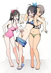 1boy 2girls angry bar_censor barefoot bikini blue_eyes bow crossdressing embarrassed feet femboy flip-flops flustered forced green_eyes grey_hair hairbow hairclip holding huge_breasts kusi_zaki legs long_hair looking_at_another masturbation oerba_yun_fang red_eyes shaking short_hair testicles toes