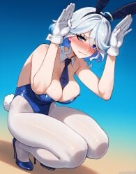 ai_generated balecxi blue_eyes blue_hair blush bunny_ears bunny_pose bunnysuit embarrassed fake_animal_ears furina_(genshin_impact) genshin_impact hands_up high_heels looking_at_viewer short_hair streaked_hair white_gloves white_hair white_pantyhose