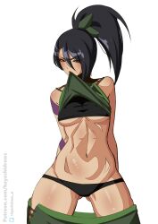 akali athletic athletic_female black_hair breasts hayashidraws kunoichi league_of_legends legs legs_apart ninja red_eyes thighs underwear