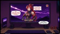 1girls ai_generated boob_window comic comic_page computer english_text female game gaming keyboard nyxworks page_4 page_number red_hair wuthering_waves yinlin_(wuthering_waves)