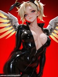 ai_generated arlequin097 mercy overwatch overwatch_2 1girl solo breasts looking_at_viewer blush smile short_hair blue_eyes large_breasts blonde_hair animal_ears closed_mouth collarbone ponytail cowboy_shot hairband wings artist_name mole rabbit_ears halo covered_nipples lips mole_under_eye gradient_background fake_animal_ears makeup bodysuit thigh_gap red_background breasts_apart skin_tight patreon_username zipper arm_behind_back shiny_clothes black_bodysuit zipper_pull_tab unzipped mechanical_halo mechanical_wings spread_wings open_bodysuit