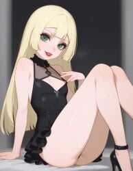 ai_generated blonde_female goth_girl goth_makeup gothic_lolita green_eyes heavenly_body high_heels lillie_(pokemon) long_hair makeup perfect_boobs perfect_legs petite_female pokemon sexy_pose slim_female slutty_dress slutty_female small_breasts temptation tempting_viewer
