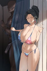 1boy 1boy1girl 1girls anran anran_ye artist_request asian_female before_sex big_breasts black_hair bulge_through_clothing dark-skinned_male earrings imminent_sex interracial light-skinned_female muscular_male overwatch ponytail smiling thick_thighs usa_bikini waving_at_viewer