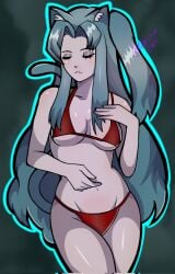 angela_(library_of_ruina) angela_(lobotomy_corporation) belly bikini blue_hair cat_ears cat_tail curves eyes_closed hips library_of_ruina lobotomy_corporation long_hair long_ponytail marcikatuwu medium_breasts midriff project_moon side_ponytail thighs