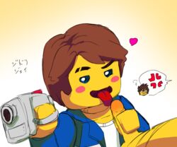 blush camera cole_(ninjago) erection fellatio jay_(ninjago) lego licking male_only multiple_boys naughty_face ninjago oral penis saliva shimotsuki_kitsune text the_lego_group tongue yaoi