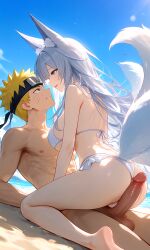 ai_assisted ai_generated ass beach bikini cowgirl_position crossover edit edited feet looking_at_partner penis penis_out sea seductive seductive_look seductive_smile sexy_body uzumaki_naruto naruto_(series) azur_lane naruto_shippuden shinano_(azur_lane) fox fox_ears fox_tail blonde_hair white_hair