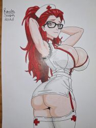 1girls busty big_breasts voluptuous female female_only armpits arms_behind_head artist_name ass breasts cleavage cleavage_cutout clothing_cutout dated glasses half-closed_eyes highres large_breasts legs long_hair looking_at_viewer multiple_views nurse original ponytail red_eyes red_hair seductive_look seductive seductive_smile smile solo thick_thighs thighs traditional_media turnaround big_ass fat_ass