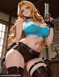 ai_generated matsumoto_rangiku rangiku_matsumoto bleach bleach:_the_thousand-year_blood_war arlequin097 1girl solo long_hair breasts looking_at_viewer smile blue_eyes large_breasts blonde_hair gloves thighhighs holding navel cleavage jewelry bare_shoulders standing collarbone weapon thighs cowboy_shot boots teeth shorts black_gloves choker indoors belt midriff stomach fingerless_gloves holding_weapon necklace mole orange_hair grin collar crop_top covered_nipples grey_eyes gun short_shorts window thigh_strap black_choker skindentation black_shorts brown_footwear ass_visible_through_thighs thigh_boots from_below tank_top holding_gun mole_under_mouth patreon_username handgun zipper dual_wielding brown_thighhighs zipper_pull_tab holster trigger_discipline thigh_holster