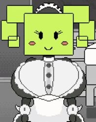animated aplovestudio big_breasts big_hips blush blushing bodysuit bodysuit_under_clothes bouncing_breasts breasts breathing child_bearing_hips female gif green_hair green_skin huge_ass huge_breasts large_ass large_breasts latex_bodysuit latex_clothing maid maid_apron maid_cap maid_dress maid_hat maid_headdress maid_outfit maid_uniform mario_(series) mimi_(paper_mario) mimi_(super_paper_mario) nintendo nonhuman paper_mario pixel_animation pixel_art red_blush shape_shifter shapeshifter smile square_head super_paper_mario thick_thighs video_game video_game_character video_games wife's_bedroom