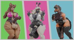 absurd_res accessory animal_genitalia animal_penis anthro balls bell bell_collar big_balls big_breasts big_penis black_clothing black_legwear black_stockings blue_background bodysuit bovid breasts brown_body bunny_costume caprine clothing cock_ring collar costume dark_hair equid equine equine_genitalia equine_penis fake_ears fake_rabbit_ears felid genitals gesture glistening glistening_body glistening_bodysuit glistening_clothing glistening_genitalia glistening_penis glistening_skin glistening_skinsuit green_background green_eyes grey_body group gynomorph hand_gesture hand_on_breast hand_under_breast hi_res intersex jewelry latex latex_clothing latex_legwear latex_stockings legwear light_hair lira_(remix1997) looking_at_viewer mammal marcia_(leodamodeler) multicolored_body nylon orange_body orange_eyes penis penis_accessory penis_jewelry pink_background pink_latex prehistoric_species reinette saber-toothed_tiger sheep simple_background skinsuit sleeves smile stockings tight_clothing tonyturbo trio v_sign white_latex wide_hips