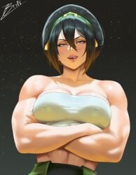 1girl avatar_the_last_airbender bare_shoulders big_breasts black_hair blind blue_eyes brnn bubble_butt cleavage erect_nipples female female_focus female_only hairband horny inviting_to_sex large_breasts licking licking_lips licking_own_lips looking_at_viewer nipple_bulge noblewoman pose see-through solo solo_female solo_focus standing teasing the_legend_of_aang thick_thighs tomboy toned toned_female toph_bei_fong