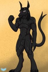 5_fingers abs absurd_res anthro balls biceps black_body black_fur canid canine canis claws deity digital_media_(artwork) egyptian egyptian_mythology feet fingers fist forked_tail fur genitals hair hi_res humanoid humanoid_genitalia humanoid_penis long_hair looking_at_viewer male mammal middle_eastern_mythology muscular muscular_anthro muscular_male mythology nipples nude nude_anthro nude_male pecs penis pubes set_(deity) set_(species) simple_background sinister_smile smile solo standing tail unusual_anatomy unusual_tail watchit