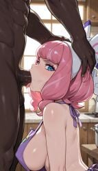 brokewyt ai_generated pokemon pokemon_swsh klara_(pokemon) 1girl breasts looking_at_viewer blue_eyes large_breasts 1boy bow pink_hair hetero hair_bow hairband penis solo_focus tongue indoors dark_skin mole apron covered_nipples from_side saliva uncensored sideboob makeup oral testicles dark-skinned_male fellatio eyeshadow veins hand_on_another's_head interracial naked_apron kitchen irrumatio head_grab dark_penis