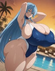 ai_generated blue_eyes blue_hair chair esdeath_(akame_ga_kill!) huge_ass huge_breasts kunaboto_(style) large_thighs outside pool poolside sunset swimsuit tagme