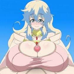 1boy 1girls animated animated_gif big_breasts blonde_hair blue_background blue_eyes boobjob breasts censored_penis cleavage clothed_female female gif huge_breasts light-skinned_female light_skin long_hair male mosaic_censoring nia_teppelin paizuri paizuri_lead_by_female penis pixel_art platinum_blonde_hair pov pov_crotch smile tengen_toppa_gurren_lagann titjob yagal