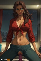 dildo breasts solo sex_toy pants jewelry shirt navel earrings red_shirt brown_hair pussy vaginal long_hair torn_clothes red_lips green_eyes dark-skinned_female makeup dark_skin night hoop_earrings uncensored vaginal_object_insertion object_insertion indoors denim front-tie_top collarbone window lipstick cleavage large_breasts tied_shirt mole dildo_riding torn_pants jeans looking_at_viewer masturbation pussy_juice scar smile female_masturbation midriff curtains crop_top no_panties sky artist_name toned rule34lab hi_res ai_generated amida_arca gundam gundam_tekketsu_no_orphans 1girls female vaginal_insertion vaginal_masturbation dildo_in_pussy dildo_insertion