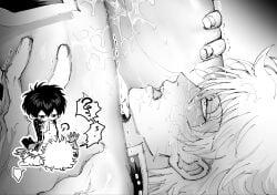 genital_fluids bodily_fluids no_visible_genitalia male male_only gay chibi yaoi 2boys gintama gintoki_sakata sweat blush messy oral hijikata_toshiro facesitting on_back straddling monochrome zsnzp727 looking_pleasured