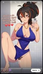 after_sex ass_visible_through_thighs big_breasts busty busty_female creampied cum_in_pussy curvy curvy_female dress legs_apart multicolored_hair panties ponytail pussy_juice pussy_juice_drip pussy_leaking satelyte taking_picture thick_thighs wide_hips zenless_zone_zero zhu_yuan