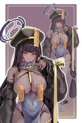 kraken_mikan blue_archive karin_(blue_archive) absurdres highres 1girls barefoot black_hair blunt_bangs blush braid braided_ponytail breasts cleavage covered_navel criss-cross_halter cuffs detached_collar detached_sleeves dress grey_dress groin halo halterneck hat jiangshi_costume large_breasts long_hair long_sleeves looking_at_viewer ofuda ofuda_on_head ofuda_on_nipples open_mouth pasties pelvic_curtain puffy_long_sleeves puffy_sleeves purple_halo qingdai_guanmao ribbon shackles single_braid solo thighs thong very_long_hair wide_sleeves yellow_eyes yellow_ribbon yellow_rope