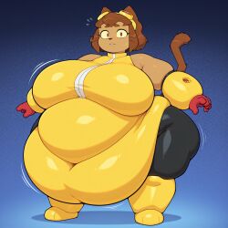 ai_generated anthro belly belly_expansion belly_overhang big_ass big_breasts big_hips breasts_bigger_than_head fat fat_ass fat_belly furry furry_female gameoverse huge_belly huge_breasts hyper hyper_breasts kit_(gameoverse) large_ass large_breasts looking_at_viewer red_eyes tagme tenshi1499 thick_thighs tight_clothes tight_clothing weight_gain wide_hips worried_expression