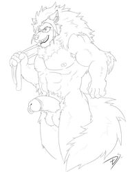 1boy 2018 5_fingers abs anthro anthrofied arcanine armpit_hair belly biceps big_penis big_tail biped black_and_white canine digital_media_(artwork) dragonslash ear_piercing earrings elbow_tufts erection fluffy fluffy_tail front_view fur furry genital_piercing glans grin hi_res holding holding_object holding_towel humanoid_penis inner_ear_fluff line_art long_tail looking_away male male_only mammal monochrome muscular muscular_male nintendo nipples nude original_character pecs penis penis_piercing piercing piercings pokemon pokemon_(species) pokemorph portrait prince_albert_piercing retracted_foreskin signature simple_background smile solo standing tail teeth testicles text three-quarter_portrait towel tuft uncut video_games watermark white_background