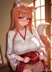 1girl 2026 ai_generated animal_ear_fluff animal_ears animal_tail anime bangs blush boobs bow breasts brown_hair cat_ears cleavage closed_mouth clothes_lift collarbone covered_nipples cowboy_shot crossover eye_contact female female_focus flushed hakama hakama_skirt highres holo holo_(spice_and_wolf) huge_breasts indoors inside japanese_clothes large_breasts lifted_by_self lips long_hair long_sleeves looking_at_viewer miko neutral_expression nsfw panties patreon patreon_username red_eyes red_hakama rognezart see-through skirt skirt_lift solo spice_and_wolf sweat sweaty tail underwear upskirt very_long_hair white_panties wide_sleeves wolf_ears wolf_girl wolf_tail