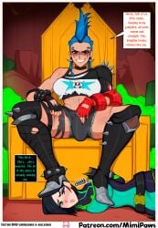 1futa 1girls ai_generated ass black_hair blue_hair bulge bulge_through_clothing english_text green_eyes junker_queen mimipaws mohawk overwatch overwatch_2 red_eyes riot_games single_thighhigh thighhighs twitter valorant viper_(valorant)