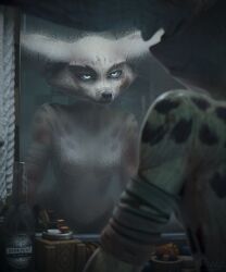 3d_(artwork) absurd_res alcohol alcohol_bottle anthro band-aid bandage bathroom beverage beverage_bottle big_ears blizzard_entertainment blood blood_on_fur blue_eyes bodily_fluids bottle breasts bruised canid canine condensation container digital_media_(artwork) female fennec_fox floppy_ears fox fur fur_markings hi_res looking_at_mirror looking_at_object mammal markings mirror original_character peeks_(vulpera) roleplay_character skinny small_breasts solo spots spotted_body spotted_fur spotted_markings towel true_fox vixenpeeks vulpera warcraft watermark world_of_warcraft