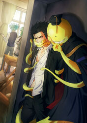 2boys assassination_classroom classroom humansub interspecies karasuma_tadaomi koro-sensei male_only multiple_boys necktie open_clothes public restrained school shushing sweat teacher tentacle tentacle_monster tentacle_on_male tentacles_on_male tentacles_under_clothes undressing yaoi