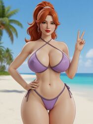 1girls 3d ai_assisted ai_generated beach bikini blurry_background bursting_breasts cameltoe child_bearing_hips criss-cross_halter earrings eyebrows_behind_hair eyelashes female gemini ginger_hair grok hair_tie hand_on_hip hoop_earrings hourglass_figure large_breasts light-skinned_female lipstick looking_at_viewer massive_breasts mature_female micro_bikini narrow_waist nipple_outline ocean ocean_background one_hand_on_hip palm_leaf palm_tree peace_sign pelvic_line purple_clothing rgomez007 self_upload side-tie_bikini_bottom side_swept_bangs sideboob skindentation slight_smile solo_female standing swimsuit thick_lips thick_thighs voluptuous wavy_hair wide_hips