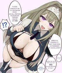 !? 1boy 1boy1girl :d areolae bikini blonde_hair boobs boots curvy duel_monster edit english_text espkiriyama exorcist exosister_irene exosisters exposed_breasts female female_focus fringe hi_res hips huge_breasts konami large_breasts light_skin lingerie looking_at_viewer mischievous_smile nun panties purple_eyes removing_clothing semi_nude showing_breasts smile standing string string_panties surprised sweat sweatdrop thighs translated younger_female yu-gi-oh!
