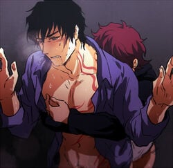 2boys against_wall age_difference anal bara bottomless cum cumdrip drooling kekkai_sensen leonardo_watch male male_only multiple_boys muscles nipples saliva scar sex size_difference steven_a._starphase sweat tagme tattoo undressing yaoi