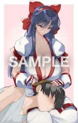 1boy 1girls ainu_clothes anagumasan big_breasts black_hair blue_eyes blue_hair blush breasts busty cleavage cotton_swab ear_cleaning female fingerless_gloves gloves hair_ribbon half-closed_eyes hand_on_another's_head highres king_of_fighters kneeling lap_pillow large_breasts legs long_hair male nakoruru no_bra pants ribbon samurai_shodown shirt short_hair sleeveless sleeveless_shirt smile snk solo thighs voluptuous wholesome