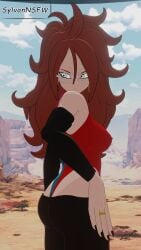 android_21 android_21_(human) sexy_pose pose looking_at_viewer brown_hair breasts dragon_ball dragon_ball_z dragon_ball_fighterz sylvannsfw blender blender3d watermark 3d uncensored looking_back looking_back_at_viewer showing_ass ass