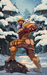 male male_only bara muscles muscular marvel marvel_comics x-men victor_creed sabretooth sideburns body_hair blonde_hair balls solo solo_male dragonasis costume ripped_clothing ass bulge