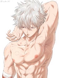 gintama gintoki_sakata male male_only solo muscular_male muscular arm_up armpit scar bite_mark blood bite_marks red_eyes white_hair bandages topless blush topless_male upper_body smoking cigarette veiny_muscles big_pecs pecs