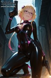 capella_emerada_lugunica re:zero_kara_hajimeru_isekai_seikatsu 1girl solo female_focus ass_visible_through_thighs black-framed_eyewear black_bodysuit black_gloves blonde_hair bodysuit boobs medium_breasts cleavage cleavage_cutout clothing_cutout covered_navel crossover glasses gloves gun handgun handwear high_heel_boots high_heels holding holding_gun holding_weapon indoors inside latex lips looking_to_the_side multicolored_hair nsfw parted_lips pink_eyes shiny shiny_clothes short_hair skin_tight standing weapon white_hair perspective from_below one_leg_up posing outdoors allay dark_background raised_eyebrows naughty_face volumetric_lighting dramatic_shadows cinematic_lighting colorful_background detailed_background particles skindentation detailed_skin detailed_hair depth_of_field semirealistic patreon patreon_url patreon_link patreon_username 2025 2026 highres high_resolution high_quality absurd_res absurdres blushing ai ai_art ai_assisted ai_generated ai-created alphai