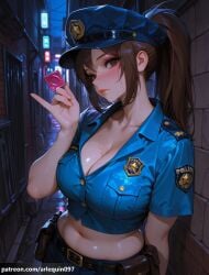 ai_generated arlequin097 mai_shiranui king_of_fighters 1girl solo long_hair breasts looking_at_viewer blush shirt large_breasts brown_hair hat holding navel closed_mouth cleavage brown_eyes collarbone ponytail short_sleeves outdoors sweat collared_shirt pants artist_name belt hand_up midriff stomach uniform crop_top lips night blue_shirt web_address blue_headwear patreon_username pocket condom pouch breast_pocket holster condom_wrapper belt_pouch brick_wall police police_uniform policewoman police_hat holding_condom alley police_badge