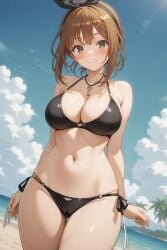 rena_aikawa_(pixiv_user) atelier_(series) atelier_ryza reisalin_stout bare_arms bare_shoulders bikini bikini_bottom black_bikini black_hairband black_hair_ornament black_ribbon black_swimsuit bow_hairband clothing gold_bikini gold_swimsuit hairband hairclip hair_ornament halterneck headwear jewelry key_necklace multicolored multicolored_bikini multicolored_clothes multicolored_swimsuit necklace o-ring o-ring_bikini ribbon side-tie_bikini side-tie_bikini_bottom side-tie_clothing side-tie_swimsuit string_bikini swimsuit two-tone_bikini two-tone_swimsuit blush breasts brown_eyes brown_hair cameltoe clavicle cleavage female gluteal_fold large_breasts navel short_hair stomach thigh_gap thighs closed_mouth smile standing looking_at_viewer palm_tree tree key cloud 1girl beach blue_sky day ocean outdoors shore sky solo portrait high_resolution ai_generated stable_diffusion pixiv parent:17518118