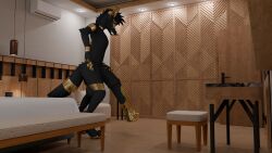 absurd_res animal_genitalia animal_penis anthro baito bed bedroom big_penis black_body black_fur canid canine canis darius_(baito) domestic_dog equine_genitalia equine_penis fur furniture genitals gold_(metal) half-erect hi_res huge_penis hyper hyper_genitalia hyper_penis male mammal paws penis solo standing worried