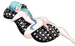 1boy alphena ass blue_hair blush closed_eyes cum erection original penis pillow pillow_hug ponytail sleeping testicles tied_hair wet_dream