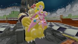 1boy 1futa 3d 3d_(artwork) anal anal_sex anthro anthro_on_human balls big_balls blonde_hair blue_eyes bowser breasts clothing crown duo ear_piercing erection feet furry furry_male futanari genitals hair horns human human_futa human_on_anthro indoors intersex interspecies kabalmystic_(style) koopa legwear light-skinned_futa light_skin long_hair male male/futa male_on_futa mammal mario_(series) mature mature_futa mature_male nintendo open_mouth penis penis_in_anus pink_legwear pink_outfit princess princess_peach red_hair reptile royalty scalie sex sitting sitting_on_throne testicles throne xabinotter yellow_skin