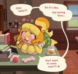 1girls animal_crossing anthro ass ass_up bimbo bimbofication breast_expansion breast_growth breast_growth_(enlargement) breast_squish breasts cleavage dialogue dog english_text expansion female female_only furry heart-shaped_pupils hypnosis isabelle_(animal_crossing) nintendo solo solo_female spiral_eyes text vaguecreature